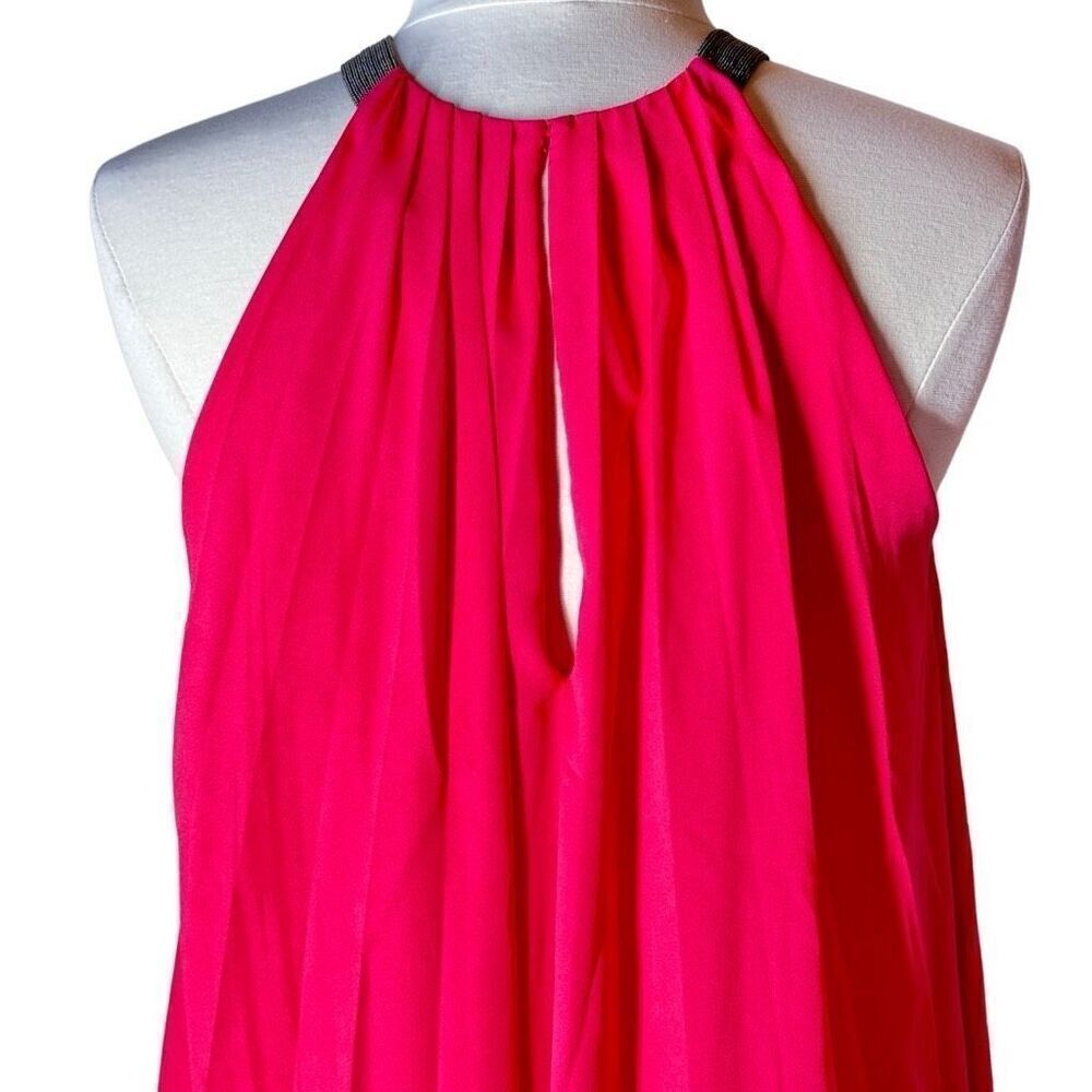 Halston Heritage Sunburst Pleat Halter Maxi Gown Chain & Hot Pink S - Picture 7 of 12